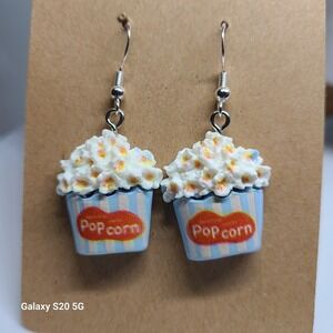 Handcrafted Popcorn Earrings Cute Food Dangle Drop Silver Tone Fun Movie Theater